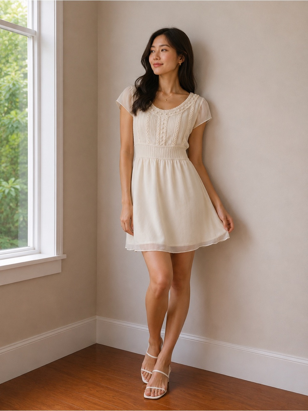 Cynthia Steffe Chifon Lace-Trim A-Line Mini Dress in Cream